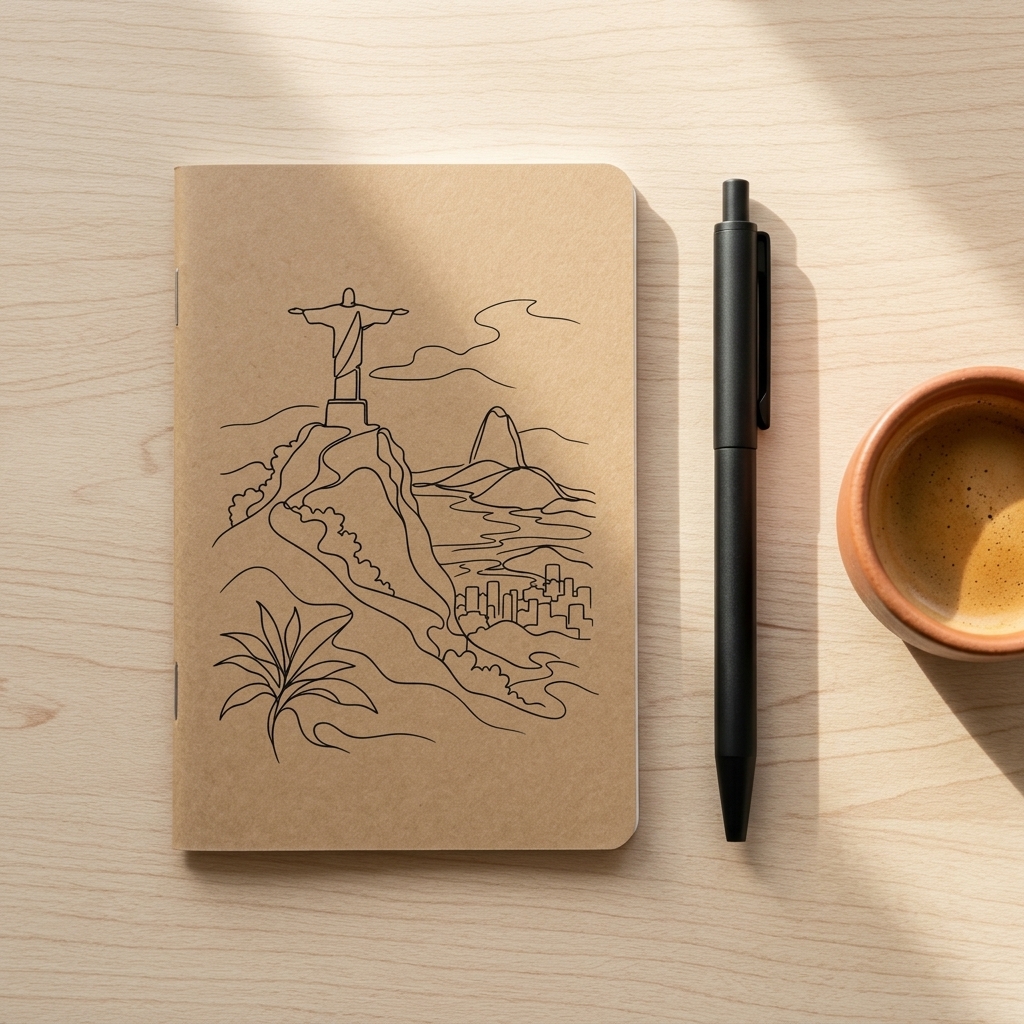 Caderninho de bolso Kraft premium com ilustração em linhas do Corcovado e Pão de Açúcar em um cenário aconchegante com café
